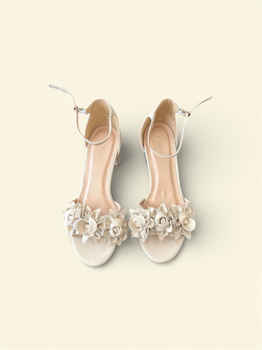 Ankle-Strap Block Heel Sandals with Floral Applique - Cream - Picture 2 of 4